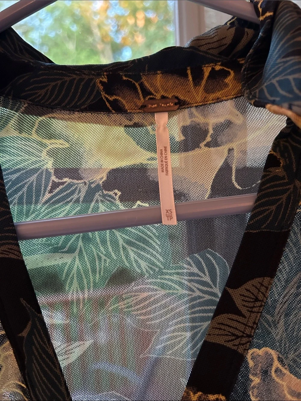 Free People Teal and Mustard Sheer Floral Button-Front Top